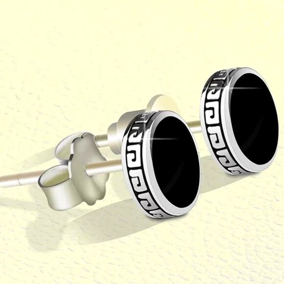 🆕 6mm Onyx Button Greek Style 18K White Gold Earring Studs  🆕 Hypoallergenic - Picture 2 of 8